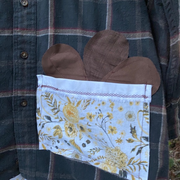 Flannel Shacket Medium Recycle Frayed Grunge Boho Hippie Patch Fall Shirt Jacket - Picture 2 of 8